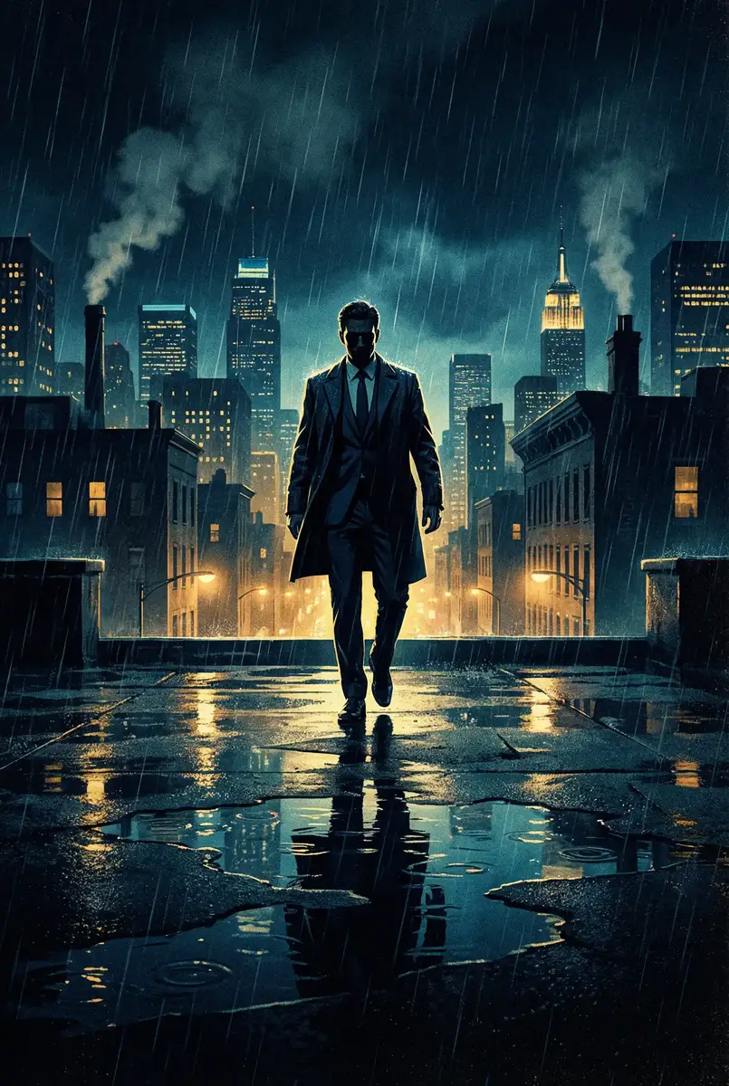 边做边爱肉欲小说 出品影片《雨夜独行者》海报，雨中城市屋顶男性剪影